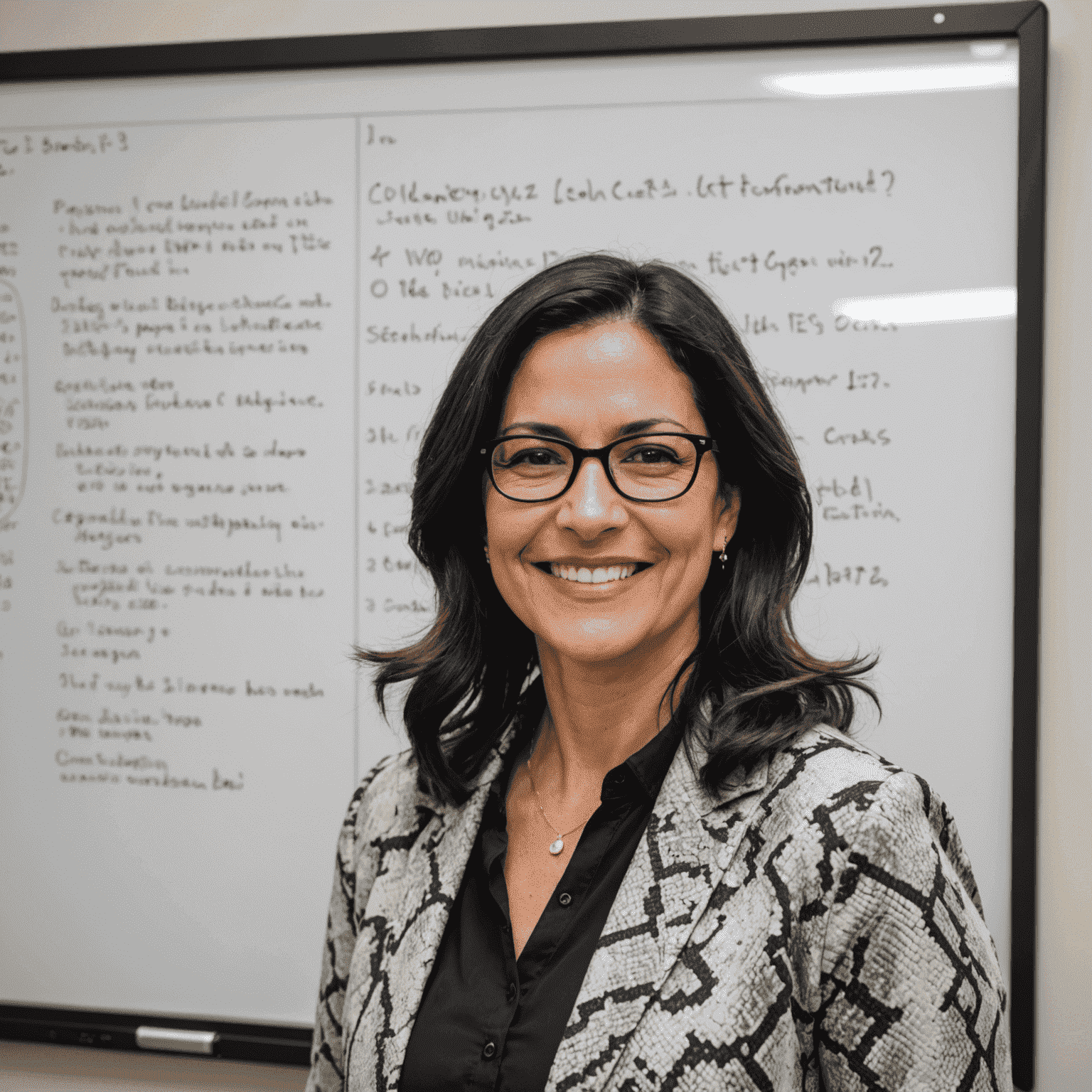 Foto de María Rodríguez, una mujer de mediana edad con gafas y cabello oscuro, sonriendo frente a una pizarra con código Python