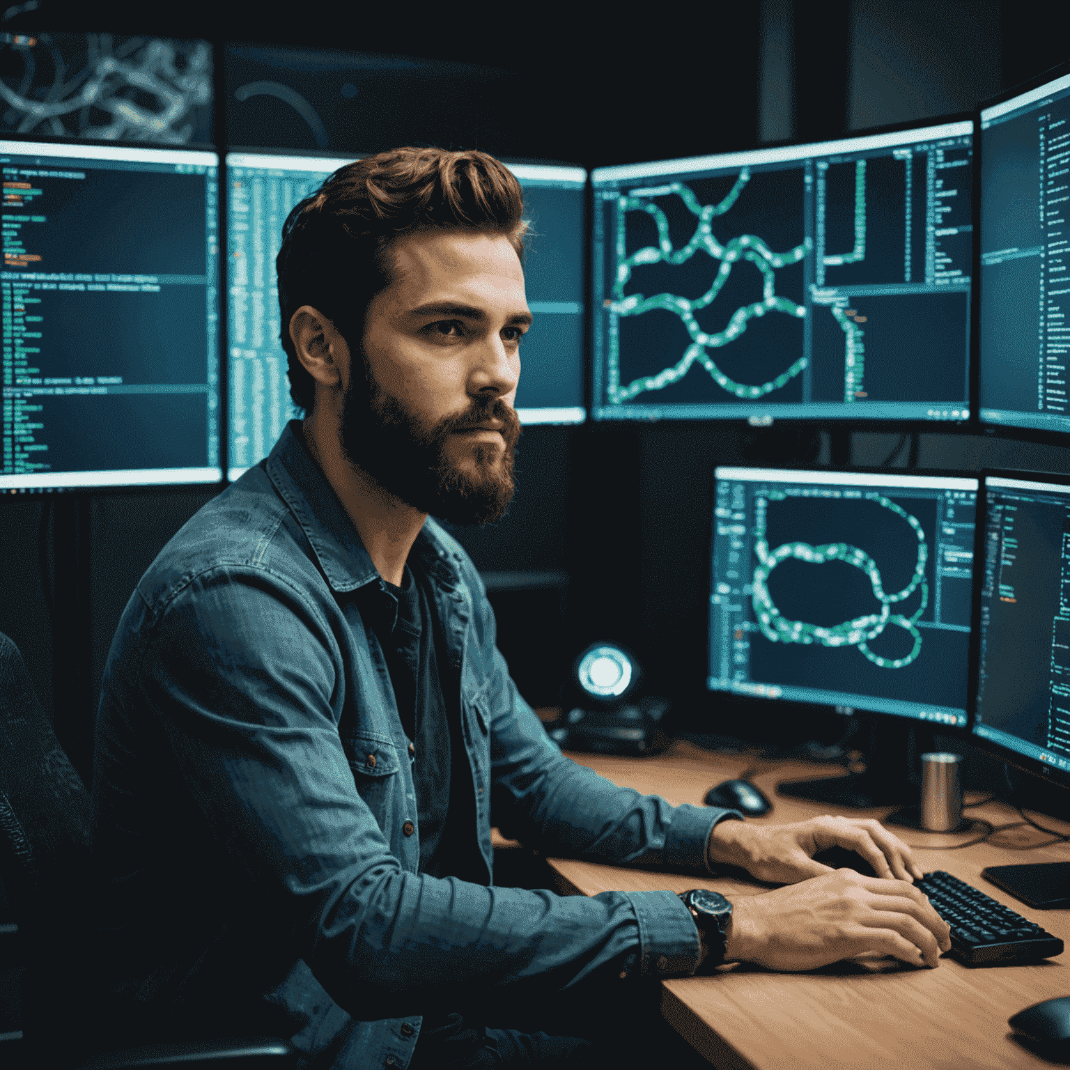 Foto de Carlos Gómez, un hombre joven con barba, sentado frente a múltiples monitores mostrando código Python